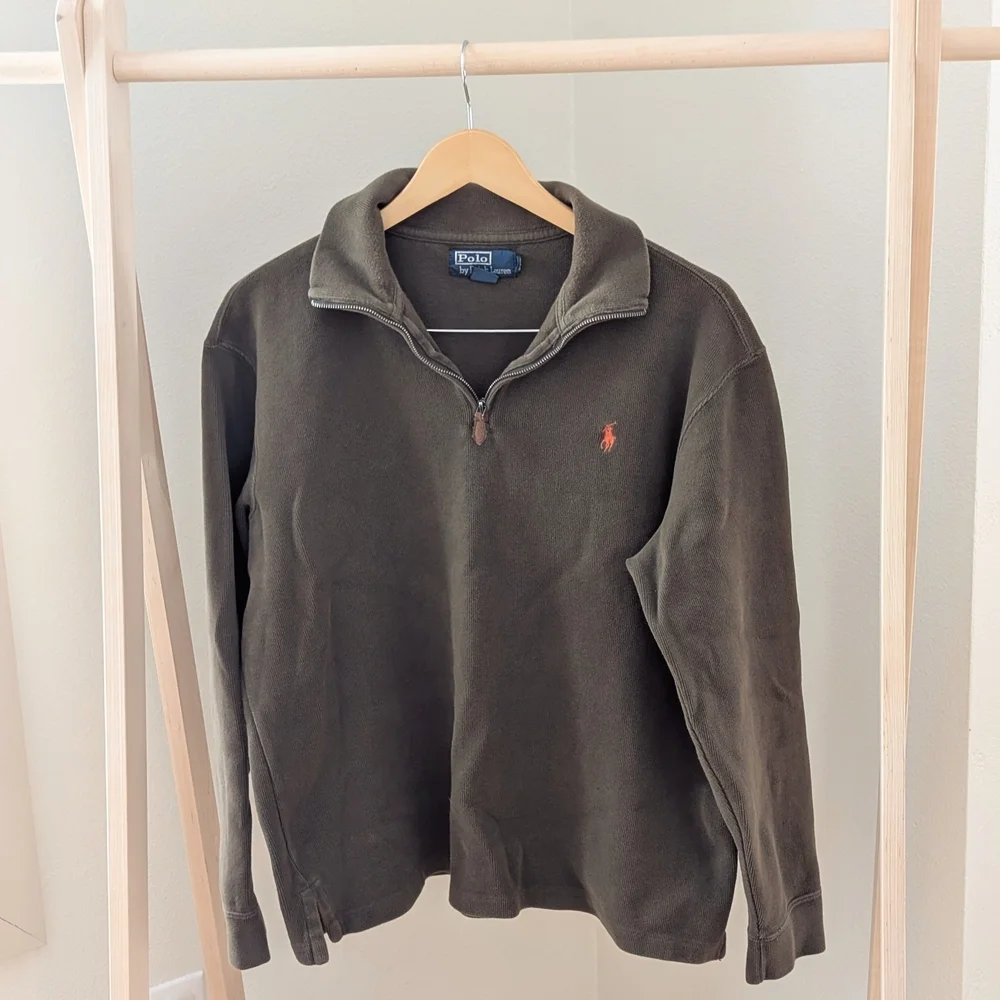 Vintage Polo Ralph Lauren Embroidered Logo Quarter Zip Henley In Olive Green